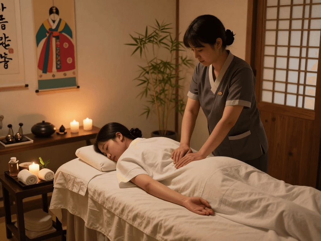 Relaxing 서울출장마사지 scene in a tranquil Seoul spa setting with soothing ambiance