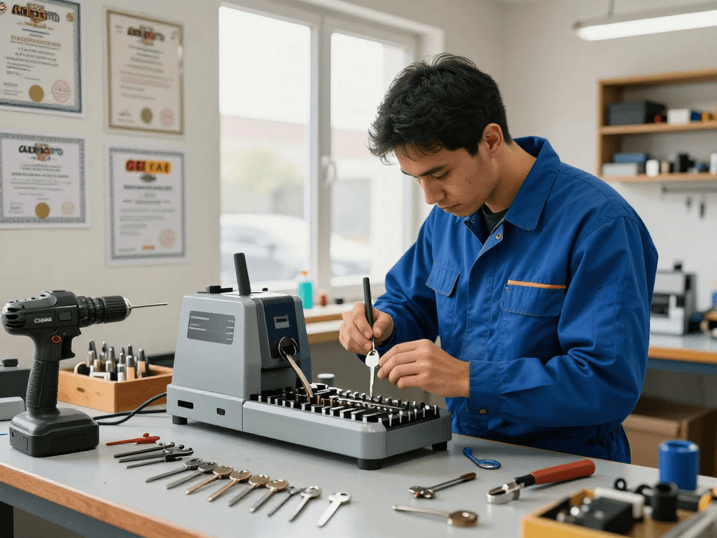 Locksmith Raleigh NC working on a key cutting machine in a bright workshop.